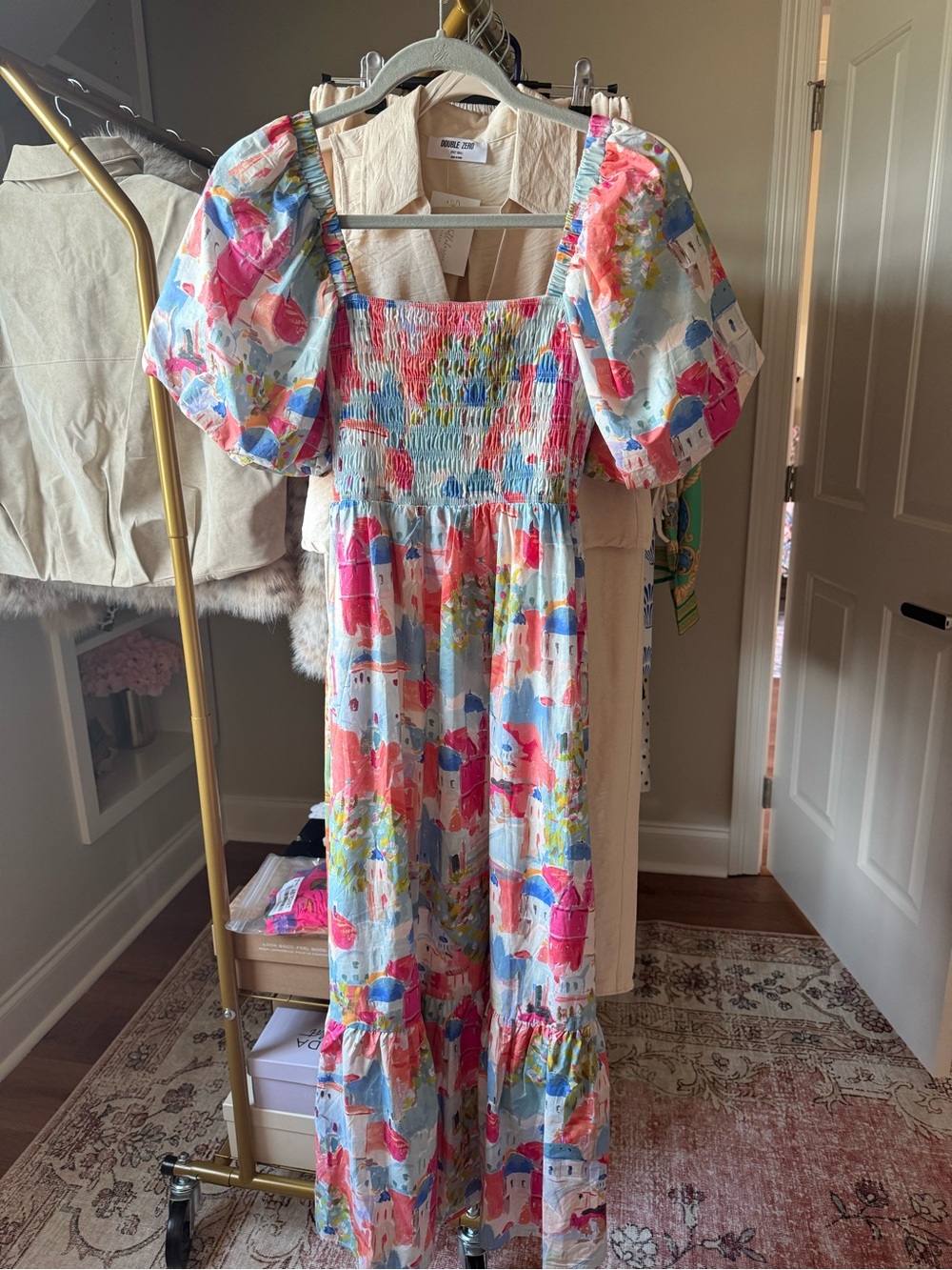Smocked Puff-Sleeve Dress in Multicolor Print